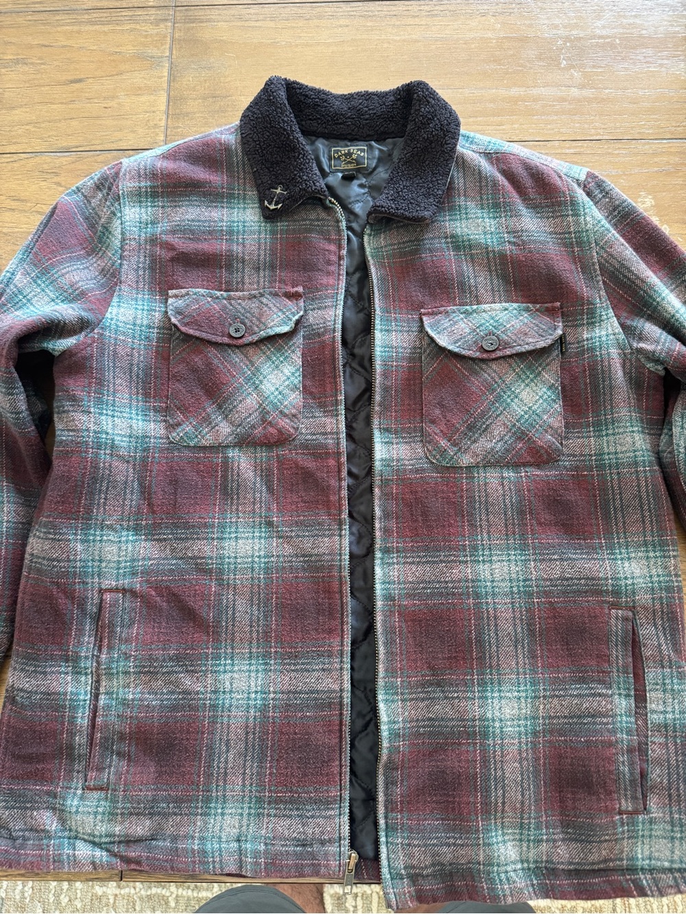 Men's Plaid Quilted Shirt Jacket with Shearling Collar - Burgundy/Teal